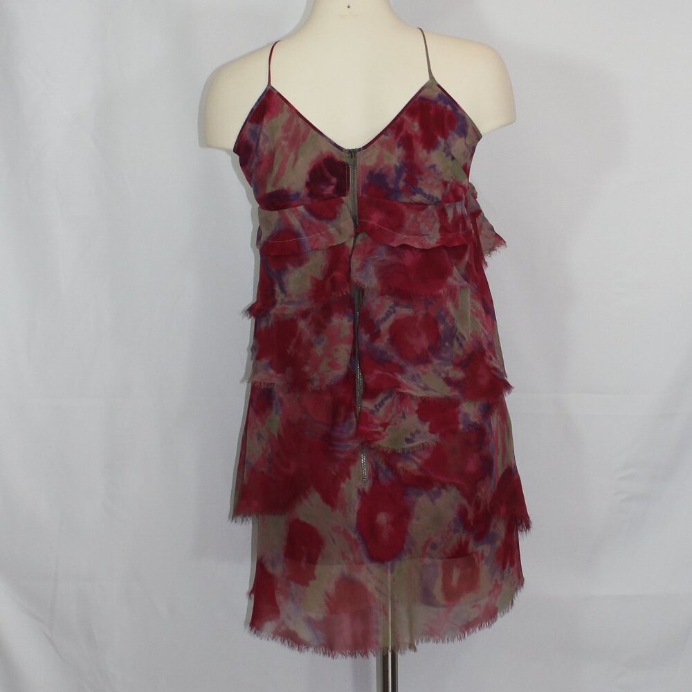 Aritzia Wilfred Silk Tiered Exposed Front Zip Mini Dress floral  Tie Back size 6